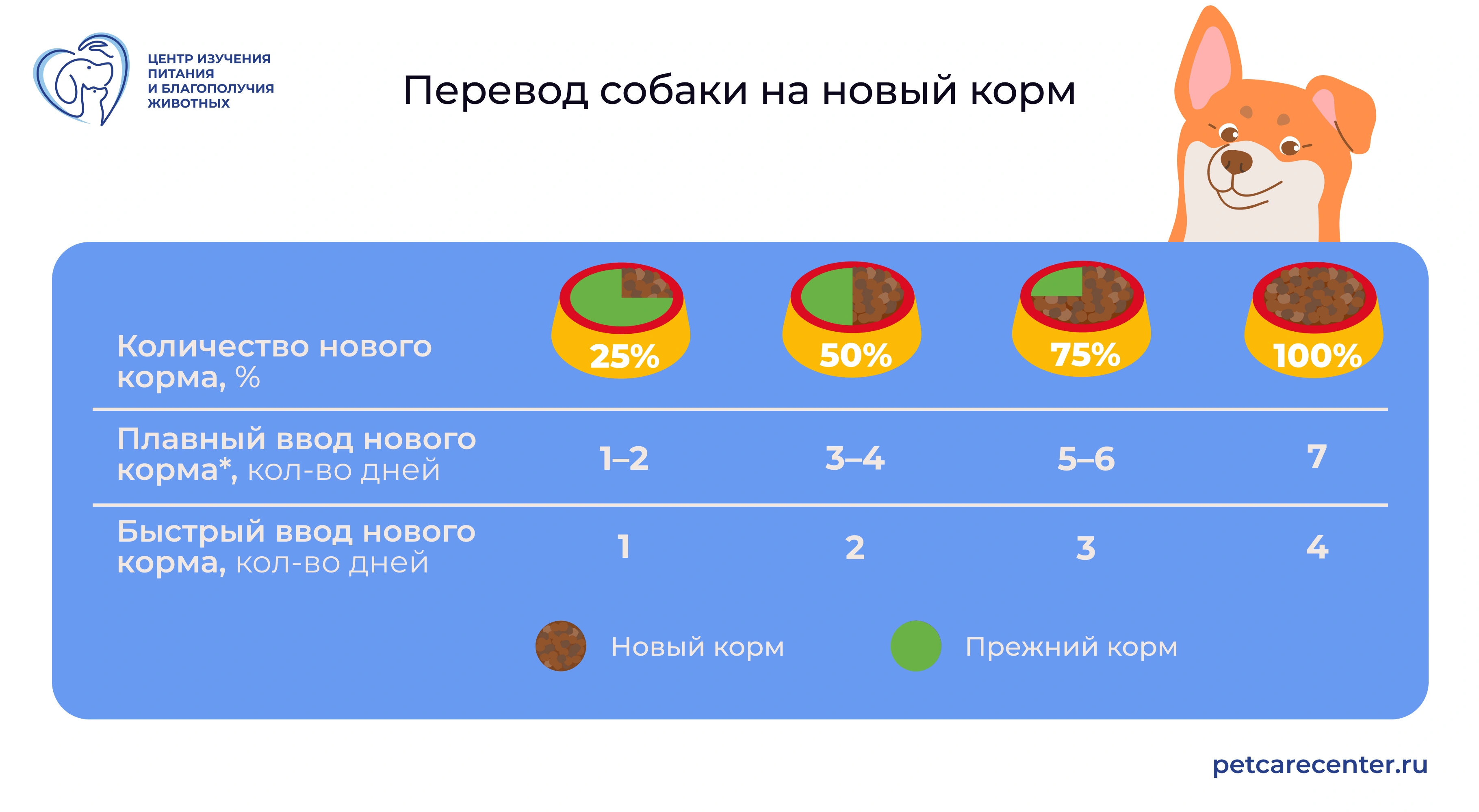 Схема перевода собаки на новый корм: 25, 50, 75 и 100 процентов по дням Схема перевода собаки на новый корм: 25, 50, 75 и 100 процентов по дням
